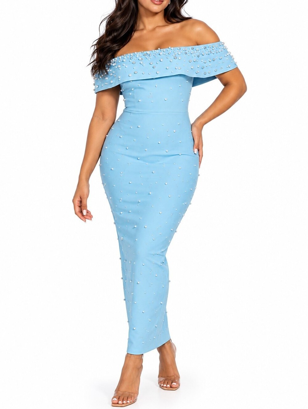 Baby Blue Pearl Embellished Off Shoulder Bodycon Dress Elegant Formal
